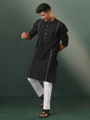 Men's Black And White Cotton Kurta Pyjama Set