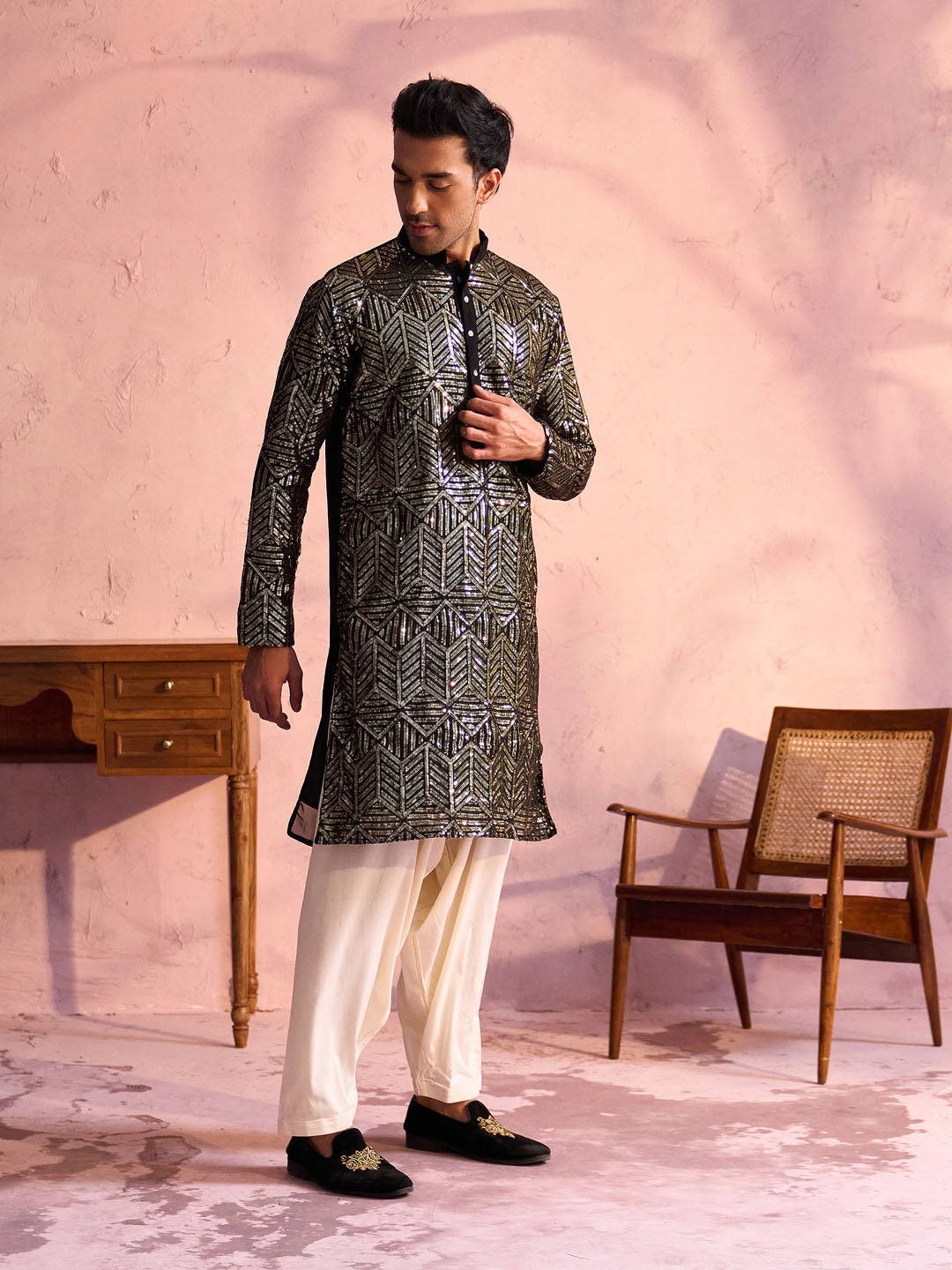 Men's Black And Cream Georgette Kurta and Patiala Set