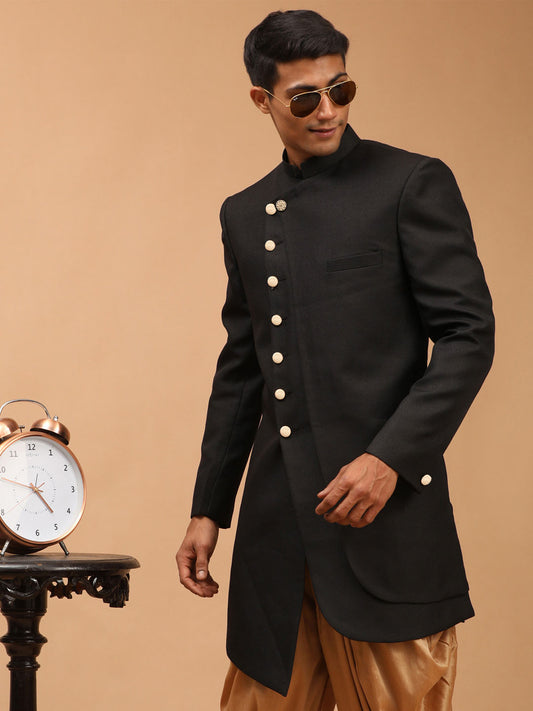 Men's Black Cotton Blend Sherwani Only Top