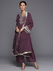 mauve V-neck yoke embroidered straight kurta with fringes hem paired with tonal bottom and tonal dupatta with fringes