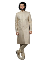 Men's Cream And Gold Silk Blend Sherwani Set