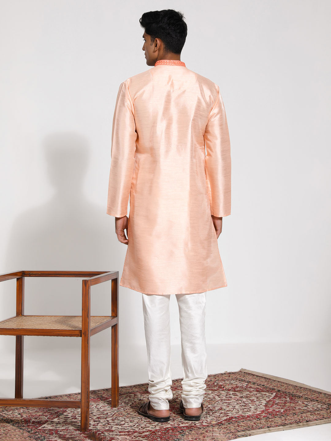 Men's Peach And Cream Dupion Silk Kurta Pyjama Set