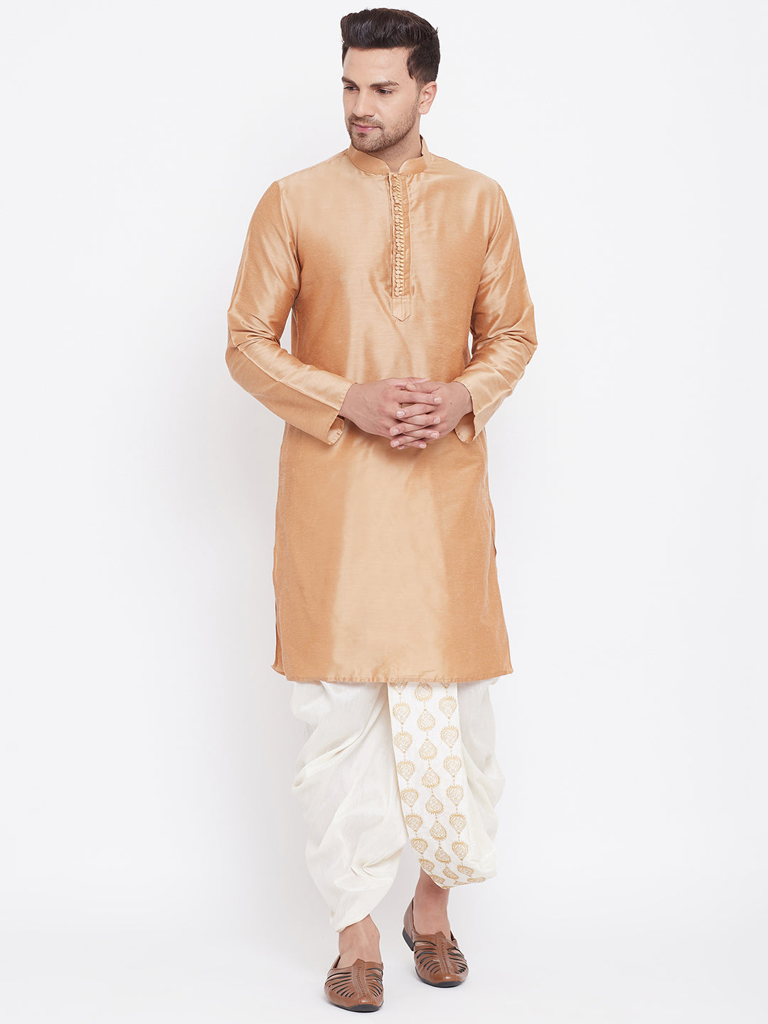 Men's Cream Silk Blend Embroidered Dhoti