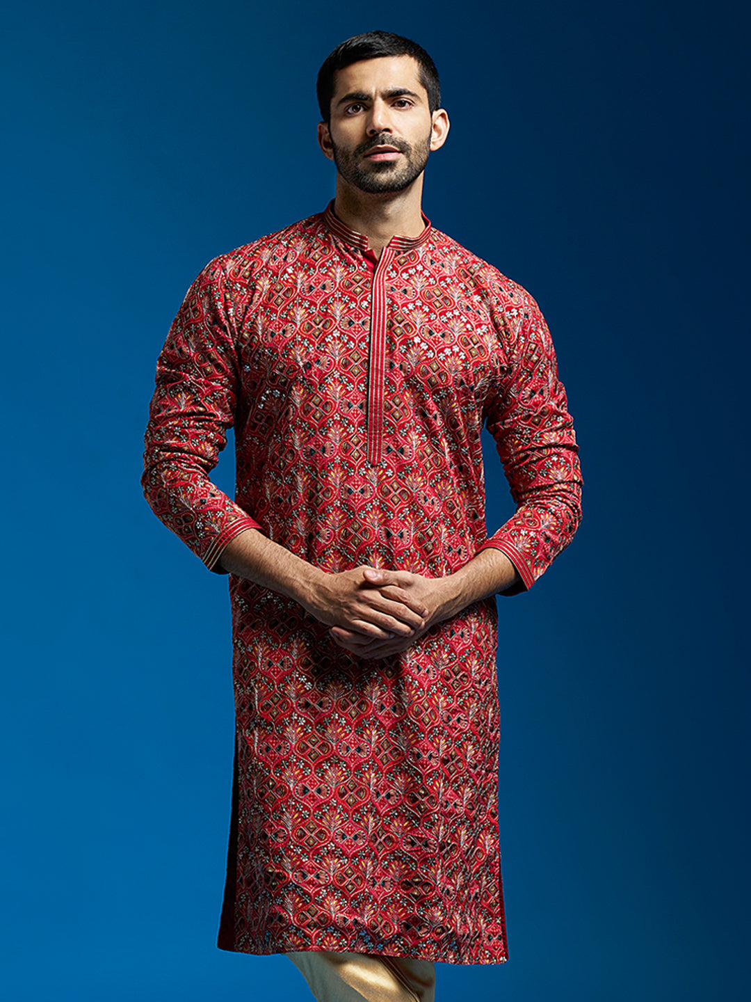 Men's Red Chinon Kurta