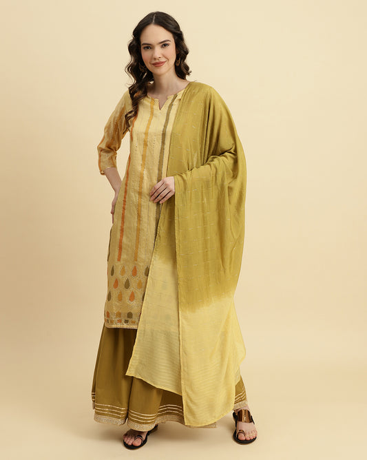 striped chanderi kurta with sharara and ombre dupatta