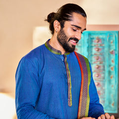 Men's Blue Cotton Kurta Mundu And Dupatta Set