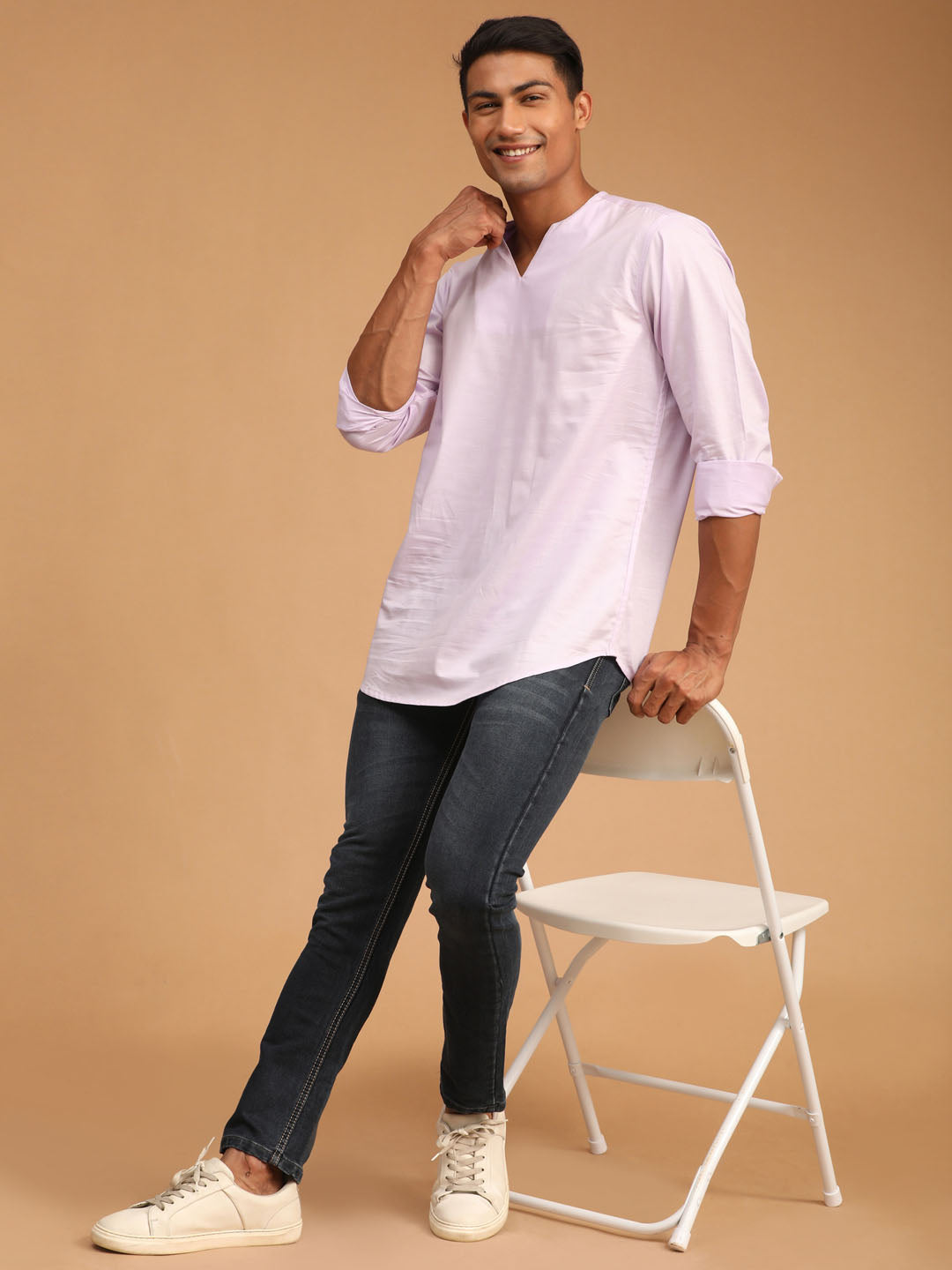 Men's Purple Cotton Blend Short Kurta