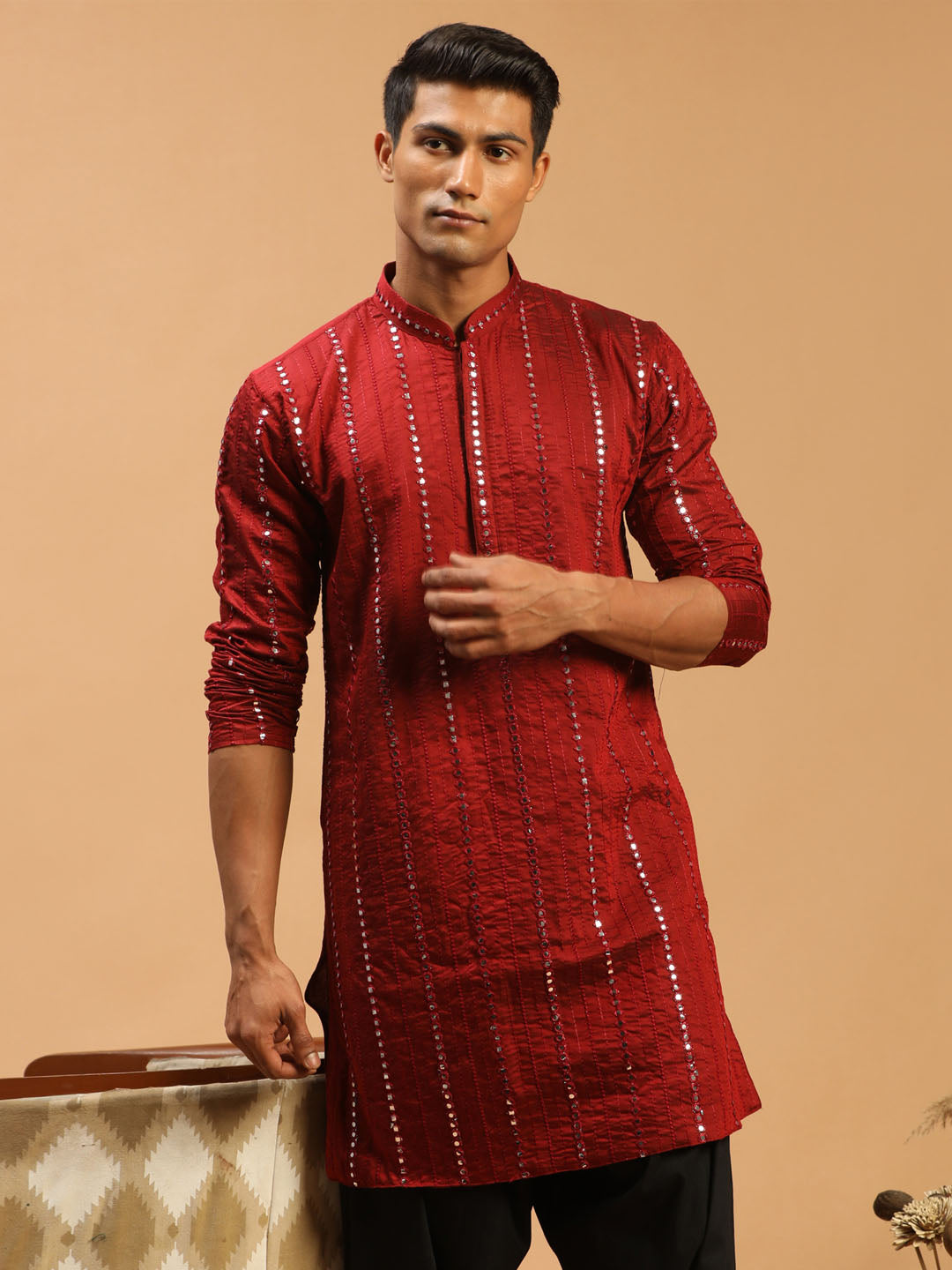 Men's Maroon Viscose Kurta