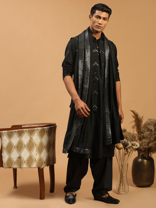 Men's Black Viscose Jacket, Kurta and Pyjama Set