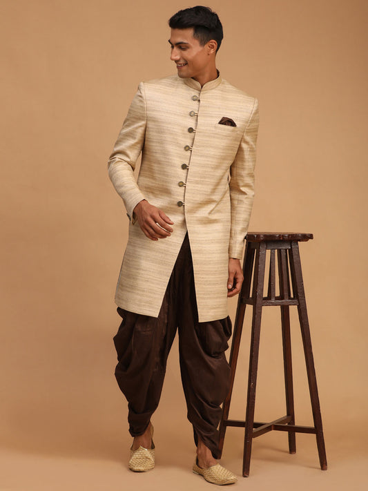 Men's Beige And Brown Silk Blend Sherwani Set