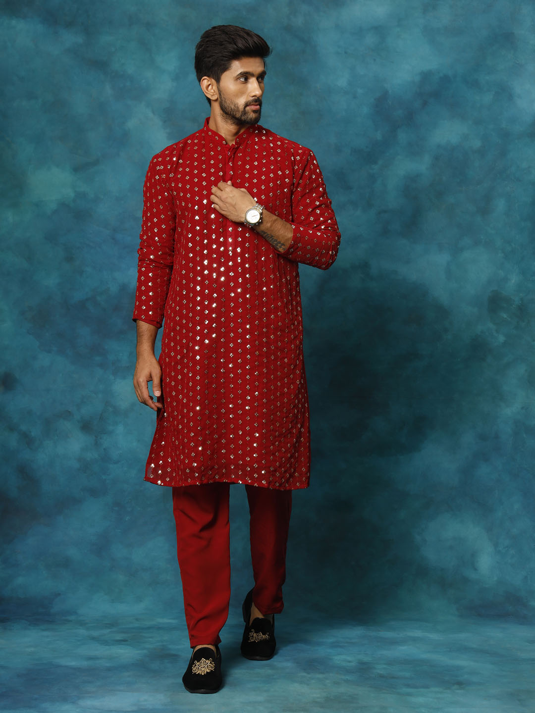 Men's Maroon Georgette Kurta Pyjama Set