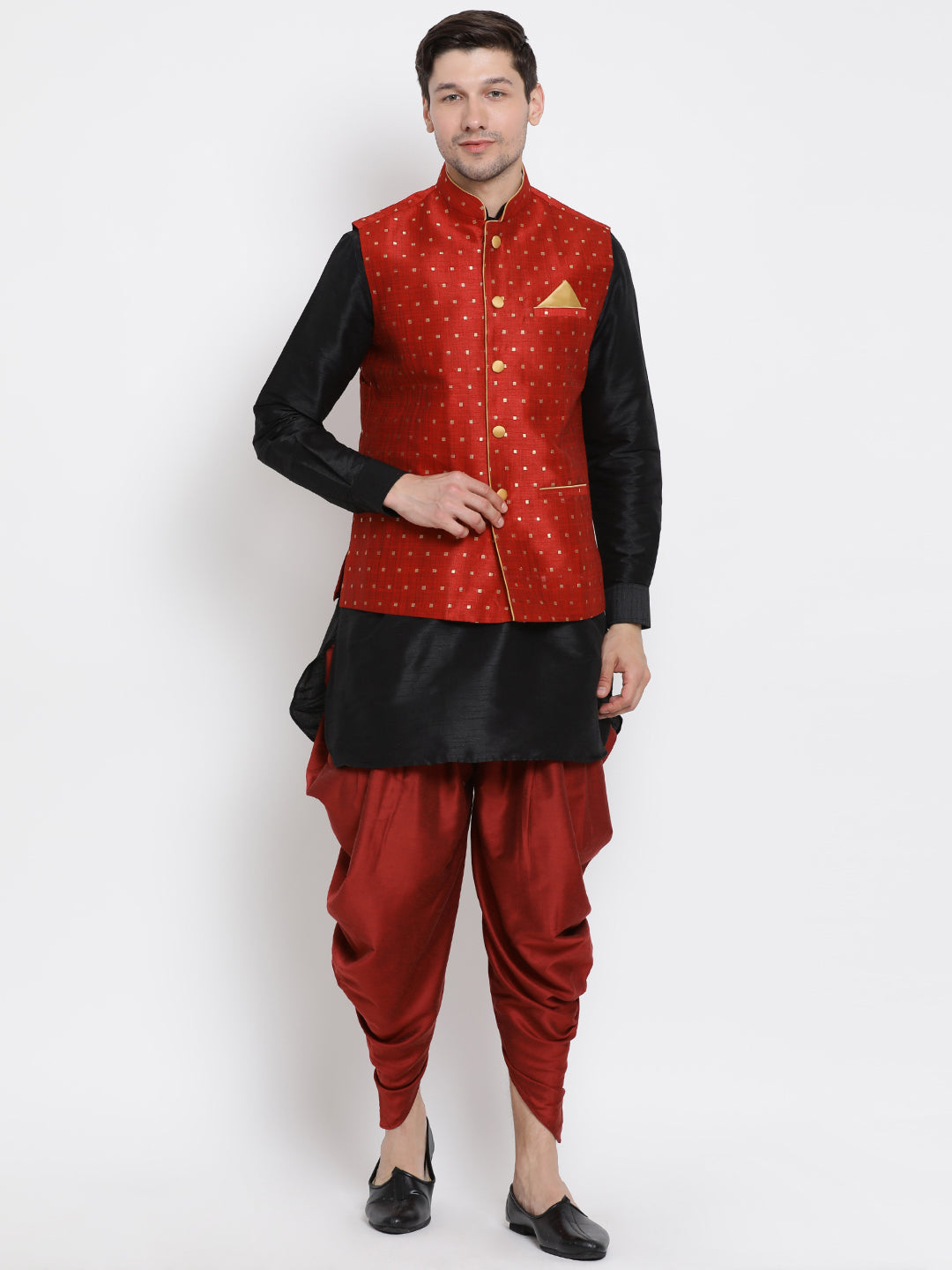 Men's Black Silk Blend Jacket, Kurta and Dhoti Set