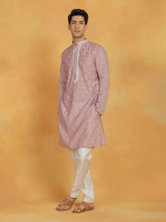 Men's Pink And White Silk Blend Kurta And Pyjama Set