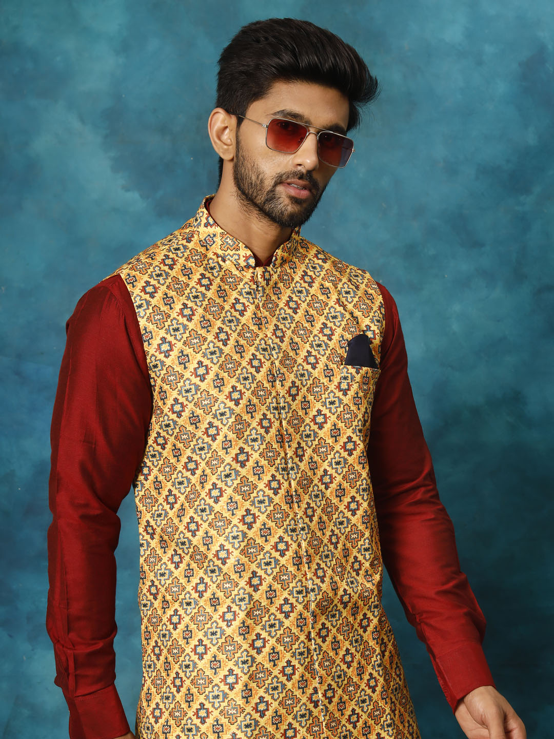 Men's Mustard Yellow, Maroon And Cream Viscose Jacket, Kurta and Pyjama Set