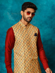 Men's Mustard Yellow, Maroon And Cream Viscose Jacket, Kurta and Pyjama Set