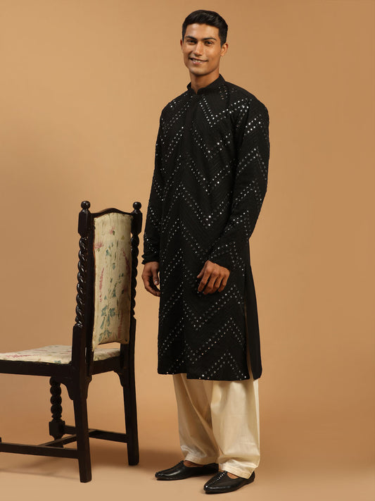 Men's Black And Cream Georgette Kurta and Patiala Set