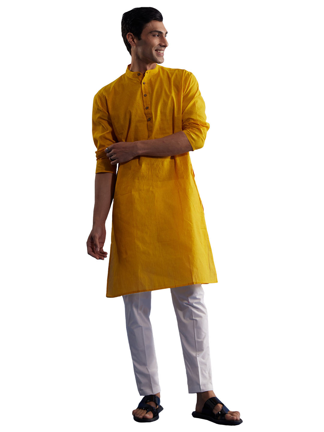 Men's Mustard And White Pure Cotton Kurta Pyjama Set