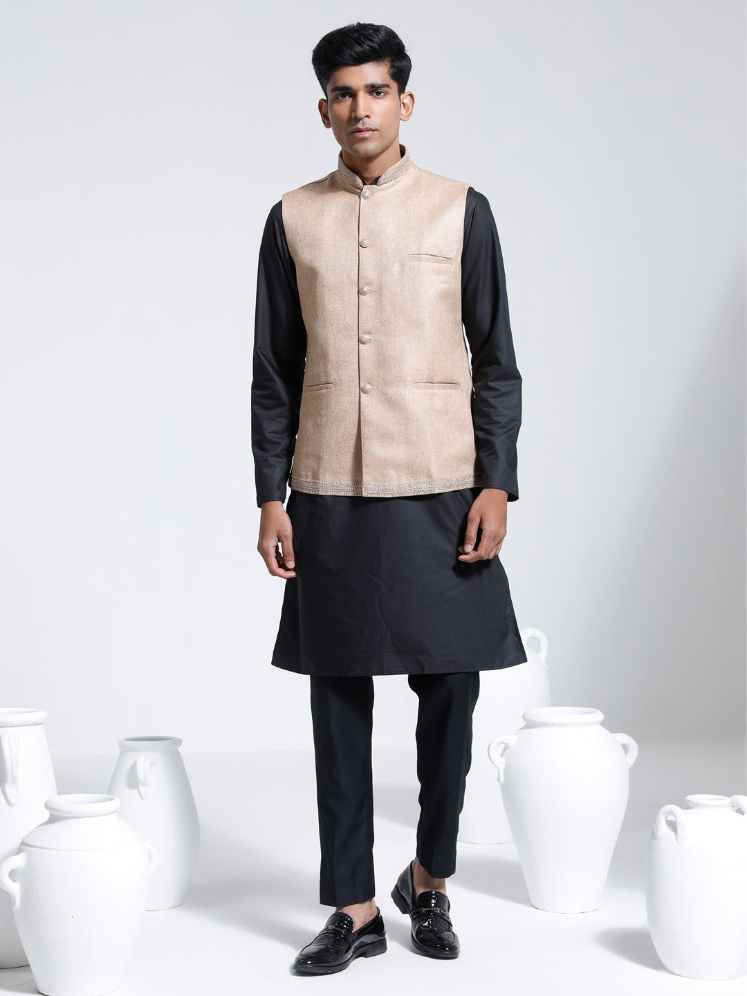 Men's Beige And Black Cotton Silk Jacket, Kurta and Pyjama Set