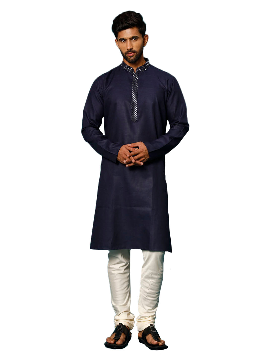 Men's Navy And Cream Cotton Blend Kurta Pyjama Set