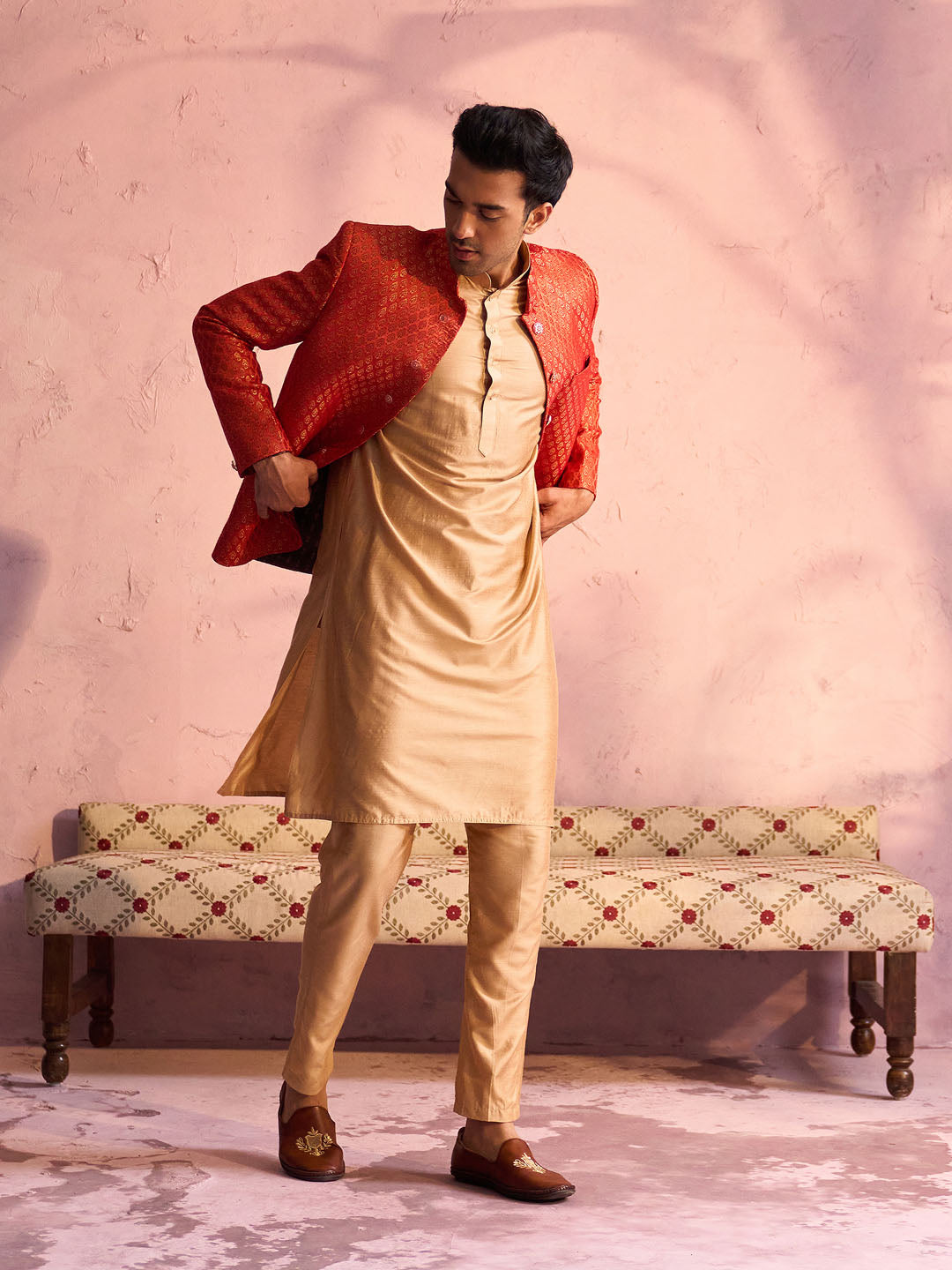 Men's Rose Gold And Red Viscose Jacket, Kurta and Pyjama Set