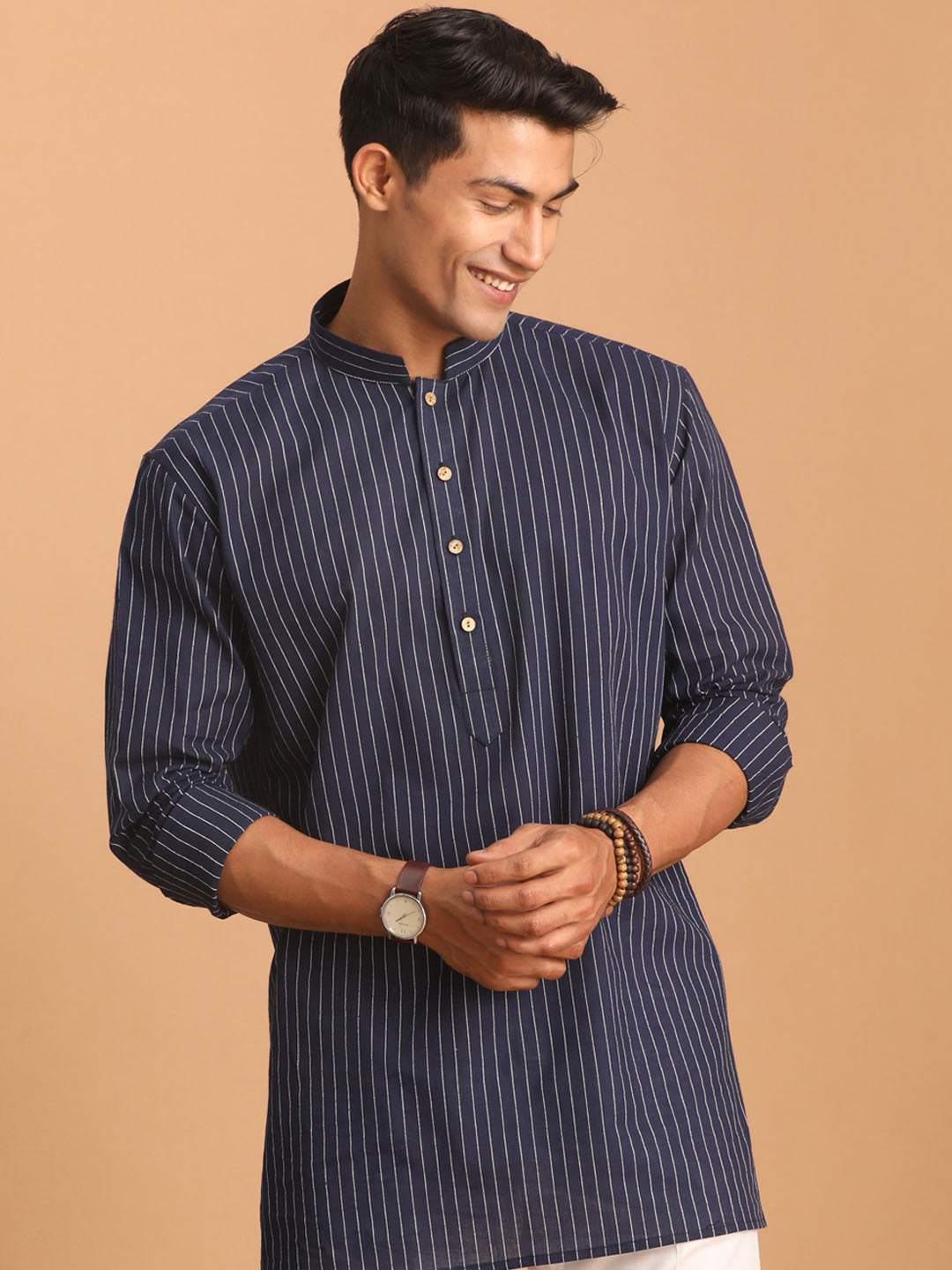 Men's Navy Blue Cotton Short Kurta