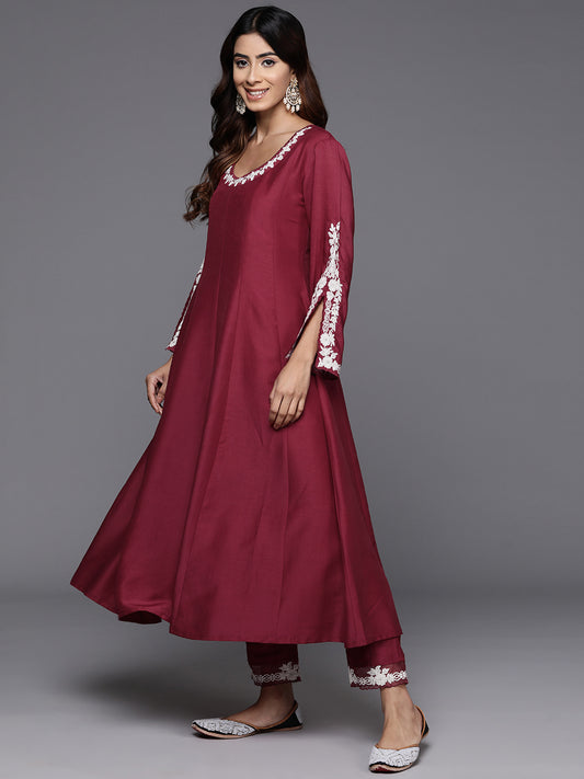 Women Thread Embroidered Round Neck With Full Sleeve Anarkali Kurta Paied With Tonal Bottom And Dupatta