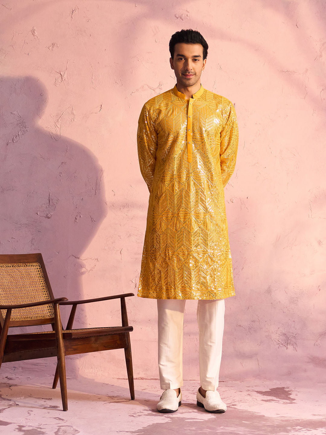 Men's Yellow And Cream Georgette Kurta Pyjama Set