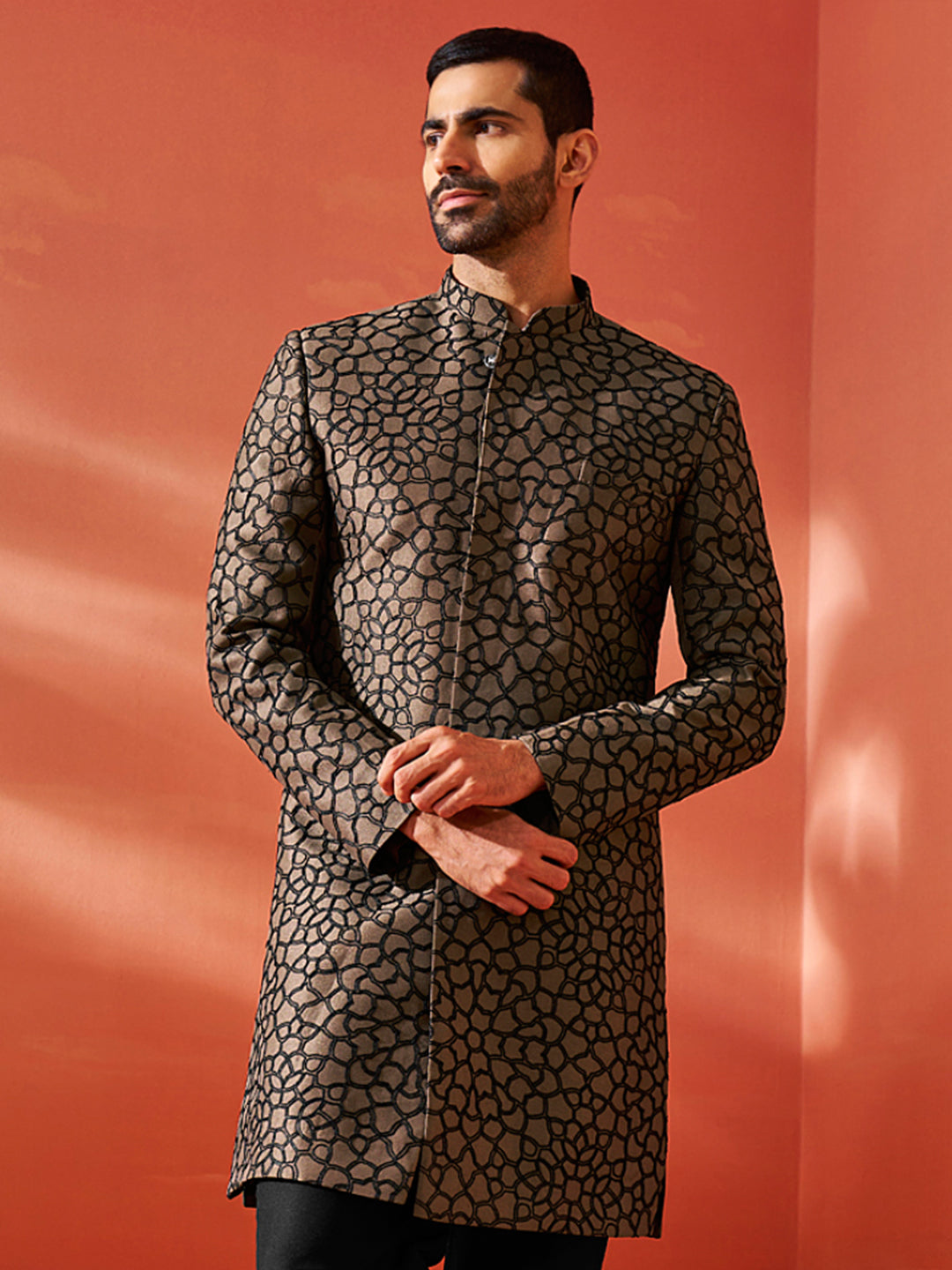 Men's Coffee Silk Blend Sherwani Only Top