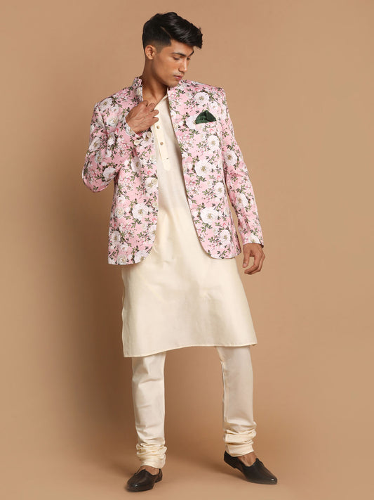 Men's Pink And Cream Viscose Ethnic Combo Set