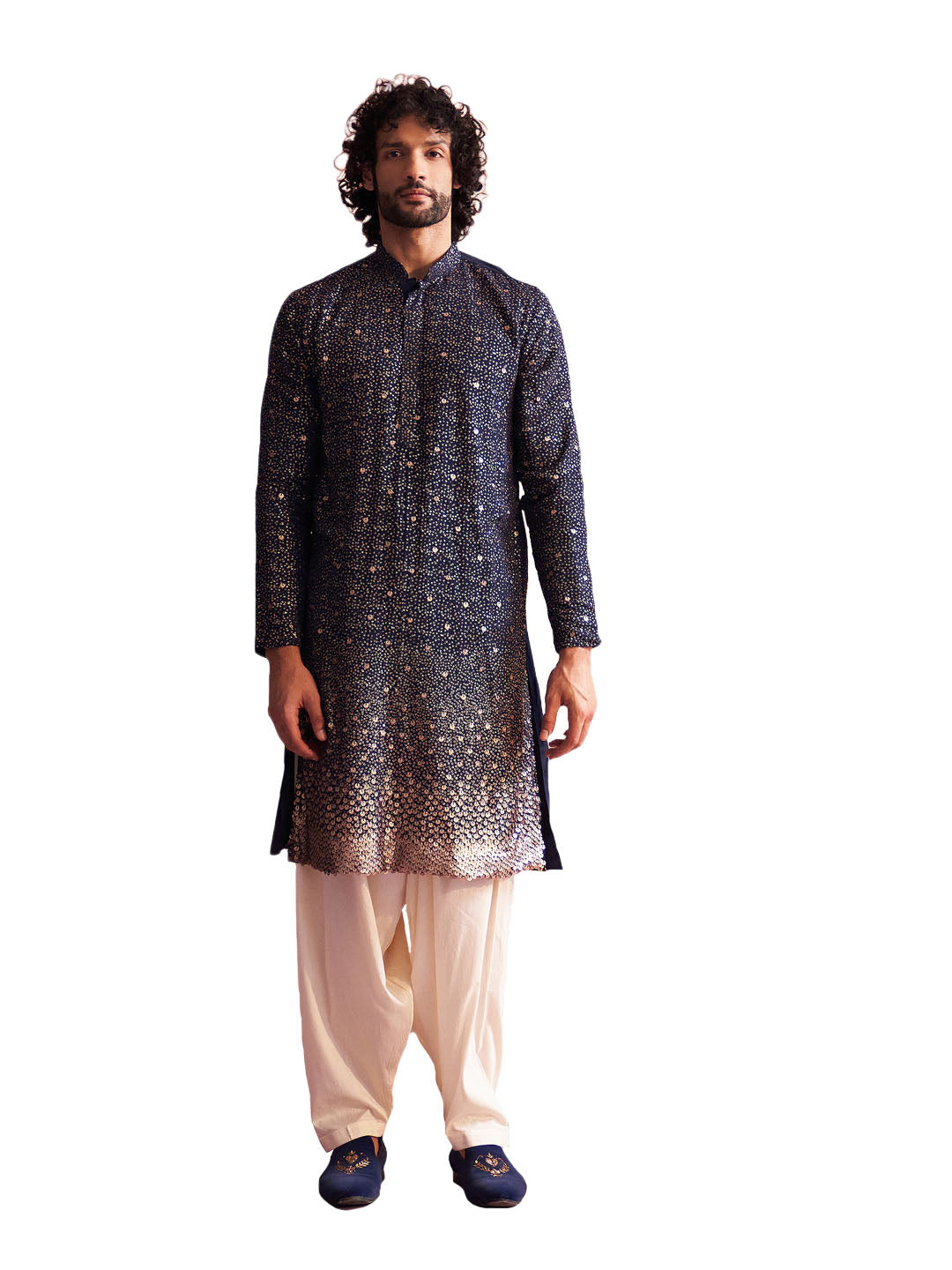 Men's Navy blue And Cream Georgette Kurta and Patiala Set