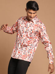 Men's Multicolored-Base-Cream Satin Ethnic Shirt