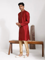 Men's Maroon And Cream Silk Blend Kurta Pyjama Set