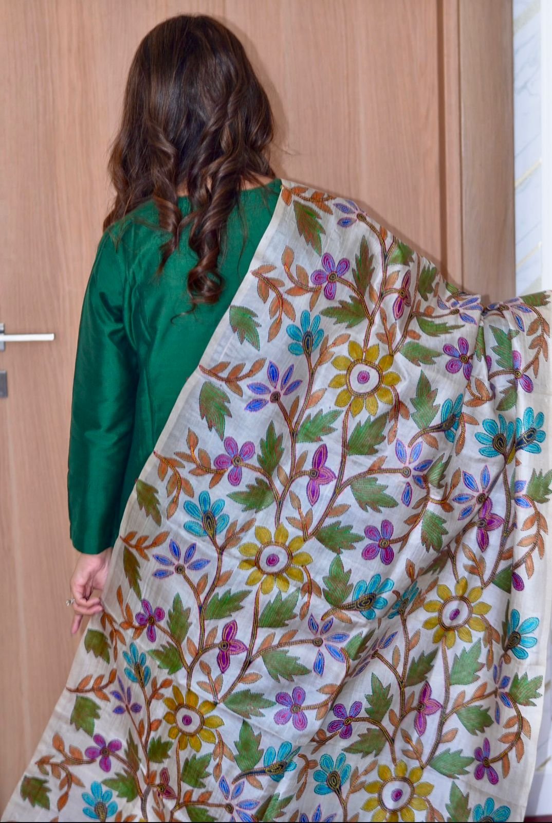 Kantha hand-painted and hand stitched Dupatta- Green Leaves