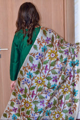 Kantha hand-painted and hand stitched Dupatta- Green Leaves