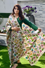 Kantha hand-painted and hand stitched Dupatta- Green Leaves