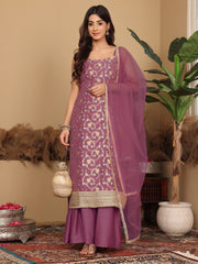 Varanga - Women Pink Brocade Strap Sleeves Kurta With Sharara And Dupatta