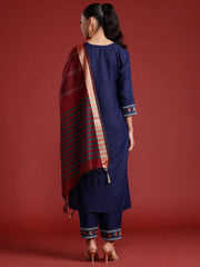 Navy Blue Yoke Design Straight Kurta Trousers With Dupatta Set