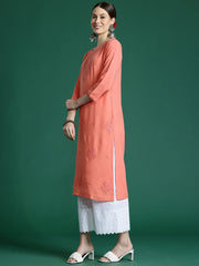 Peach Embroidered Straight Kurtas