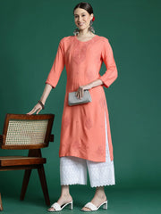 Peach Embroidered Straight Kurtas