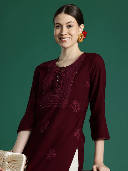 Burgundy Embroidered Straight Kurtas