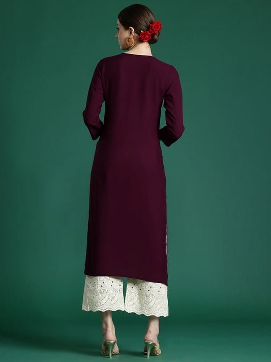 Burgundy Embroidered Straight Kurtas