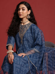 Grey Embroidered Straight Kurta Trousers With Dupatta set