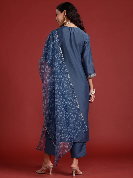 Grey Embroidered Straight Kurta Trousers With Dupatta set