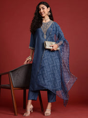 Grey Embroidered Straight Kurta Trousers With Dupatta set