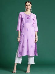 Purple Embroidered Straight Kurtas