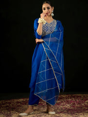 Blue Embroidered Straight Kurta Trousers With Dupatta set