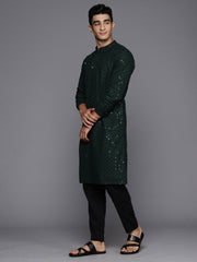 Men Green Geometric Cotton Embroidered Straight Kurtas