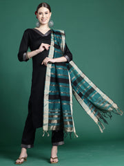 Black Self Design Straight Kurta Trousers With Dupatta set