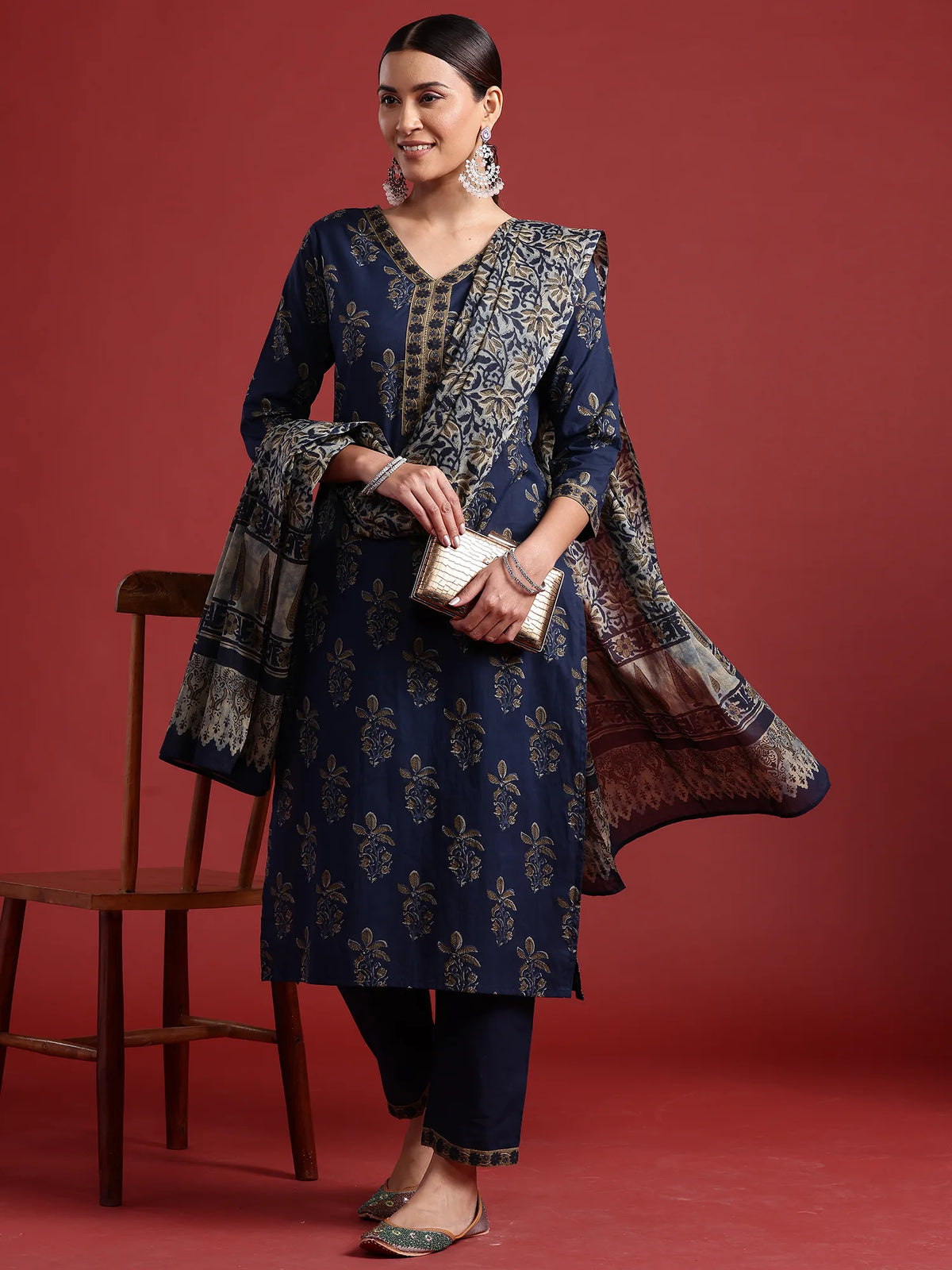 Blue Printed Straight Kurta Trousers With Dupatta set