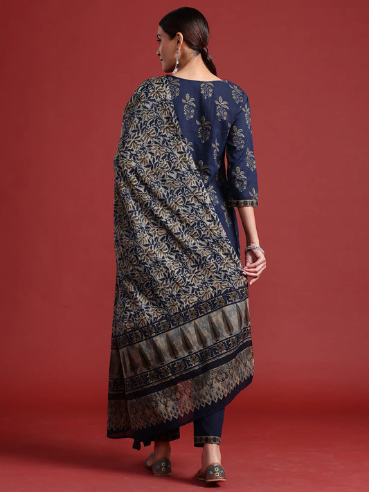 Blue Printed Straight Kurta Trousers With Dupatta set